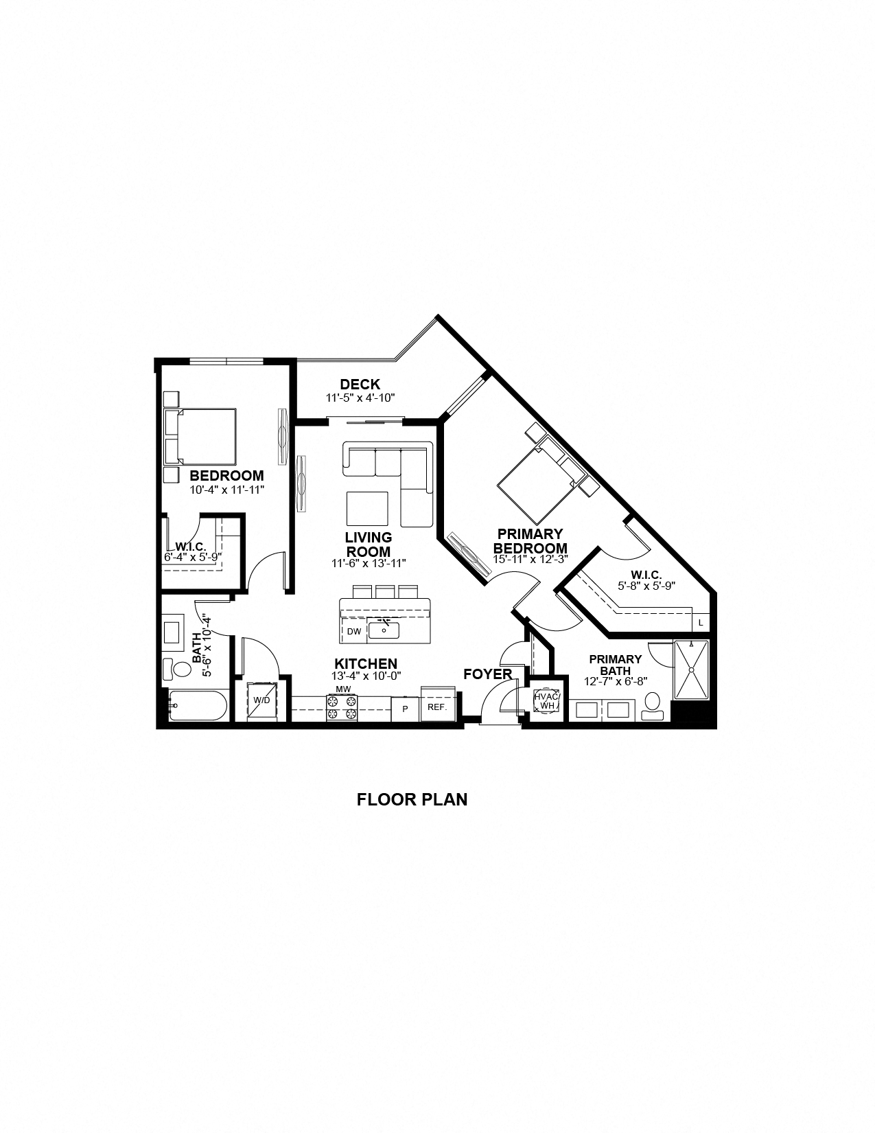 Floor plan for 2 beds, 2 baths, 1040 sqft